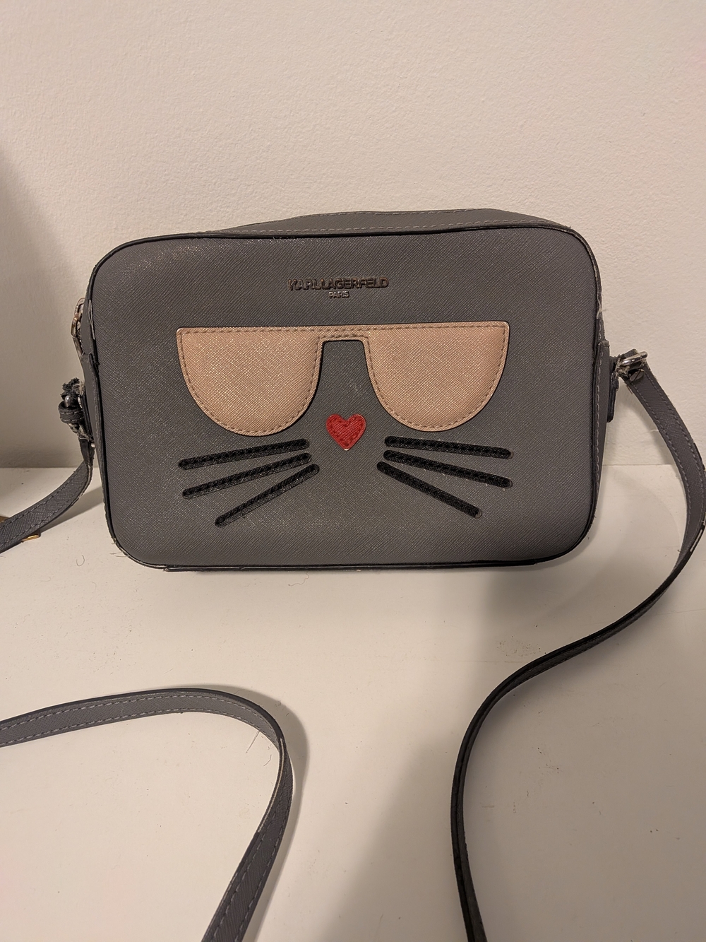 Karl Lagerfeld Gray Crossbody Bag with Cat Face Applique